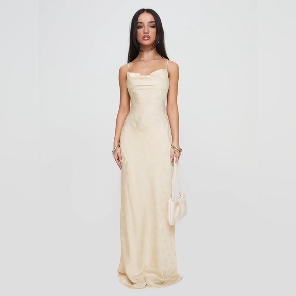 Princess Polly Esti Satin Cowl Neck Floral Open Back Maxi Dress In Champagne - Picture 11 of 12